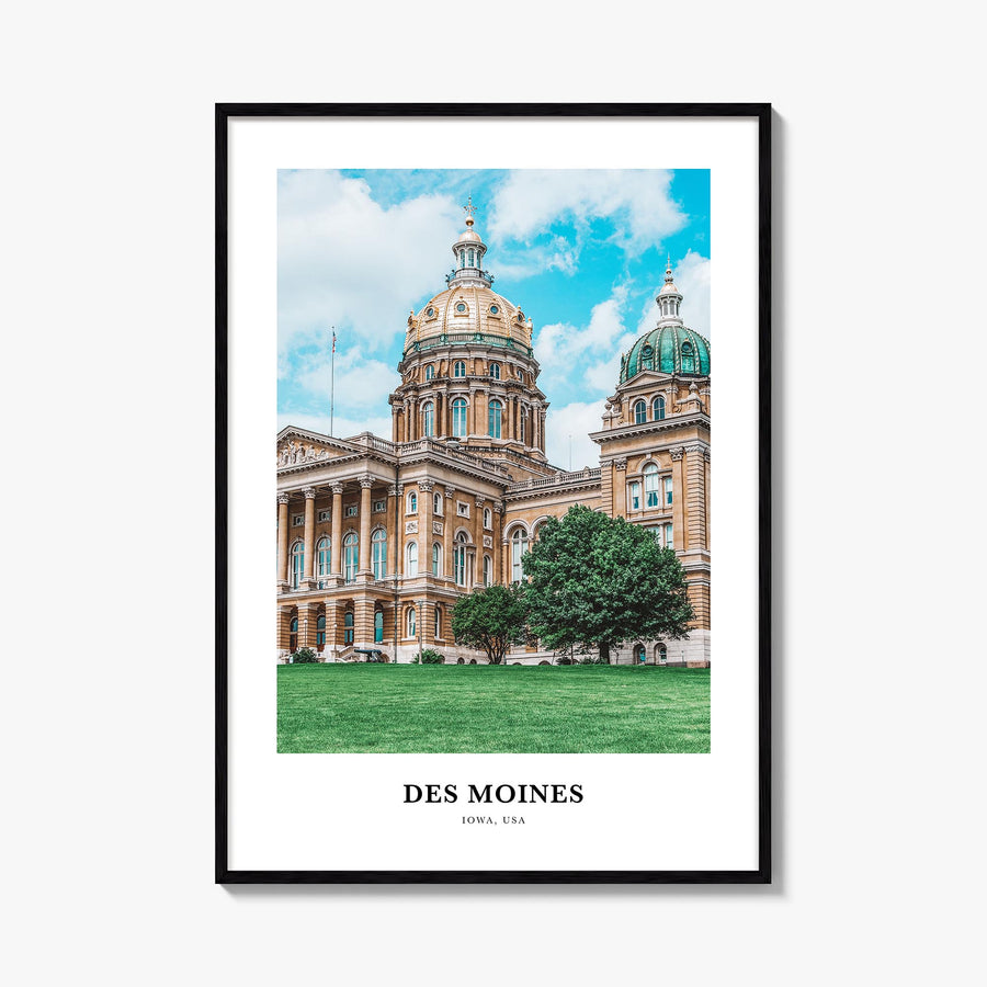 Des Moines no. 1 colorful classic poster of Iowa, USA – vertical wall art, unframed print shown in interior mockup