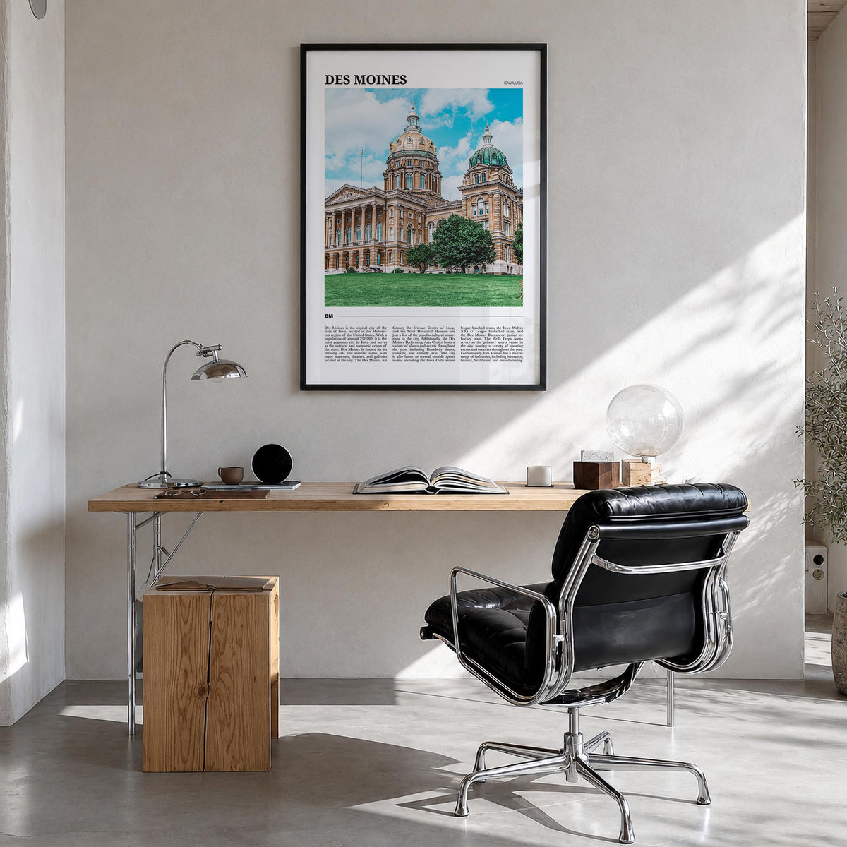 Des Moines no. 1 colorful travel poster of Iowa, USA – vertical wall art in black wood frame, hanging on wall