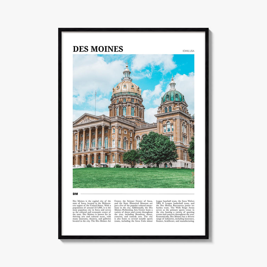 Des Moines no. 1 colorful travel poster of Iowa, USA – vertical wall art, unframed print shown in interior mockup