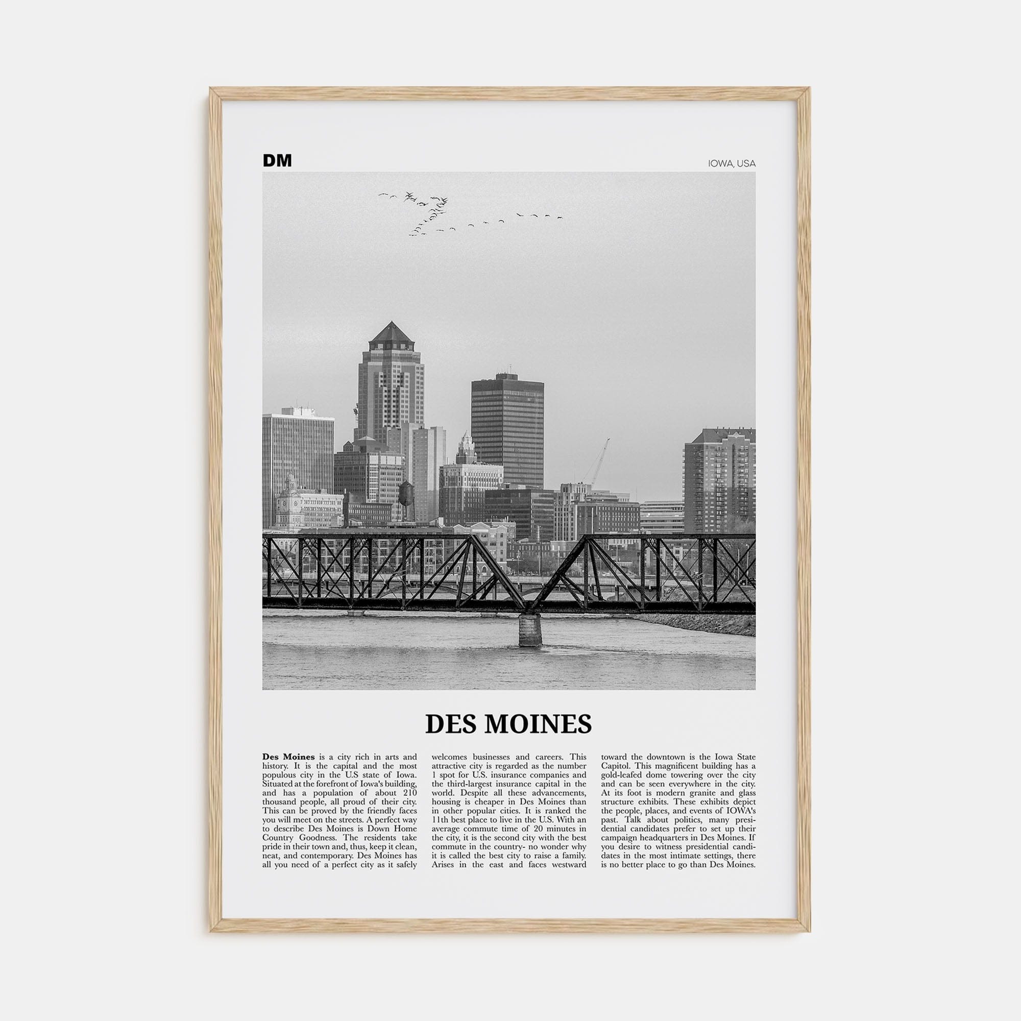 Des Moines No 1 Poster Natural Wood / 8x12 in Nbourhood Travel B&W Poster