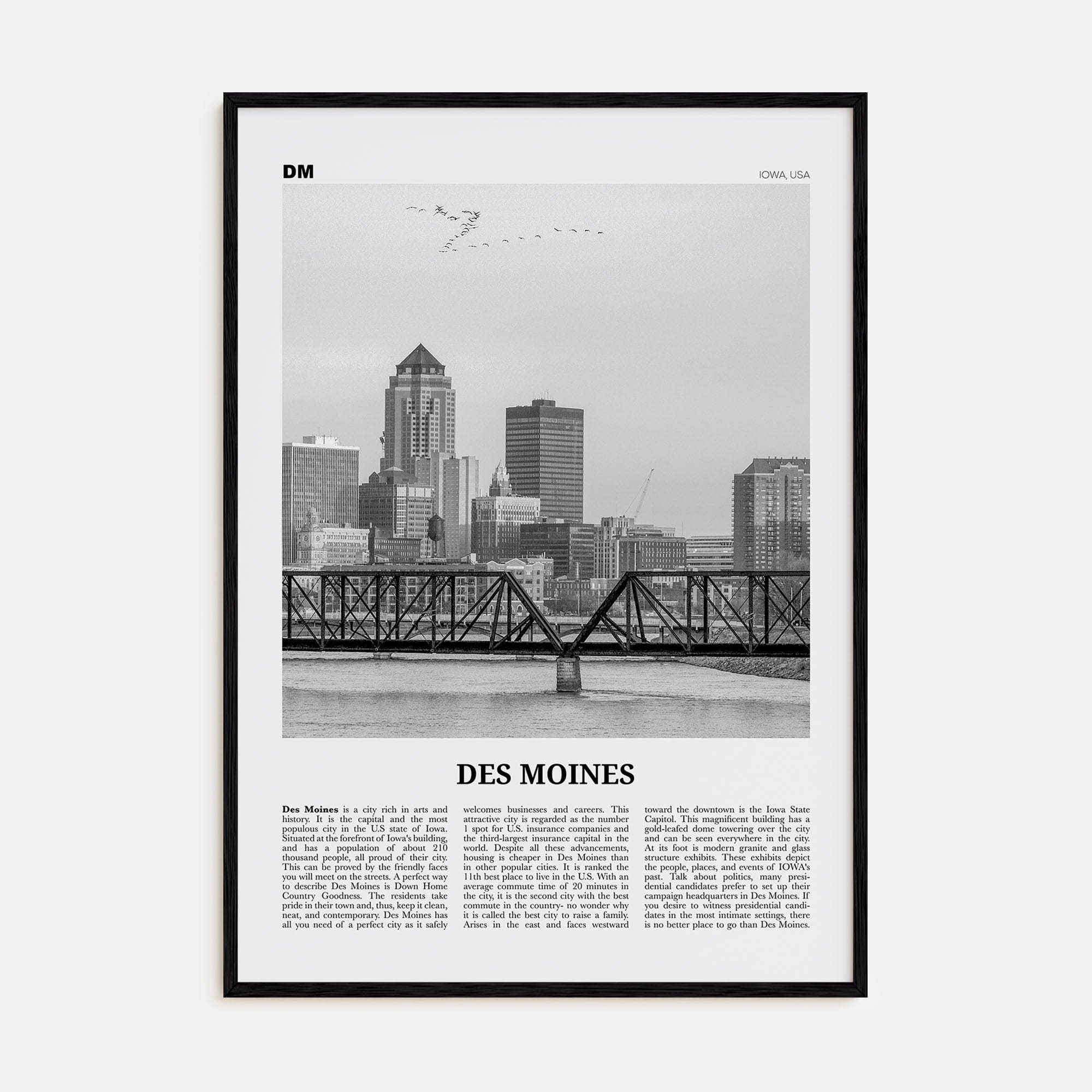 Des Moines No 1 Poster Black Wood / 8x12 in Nbourhood Travel B&W Poster