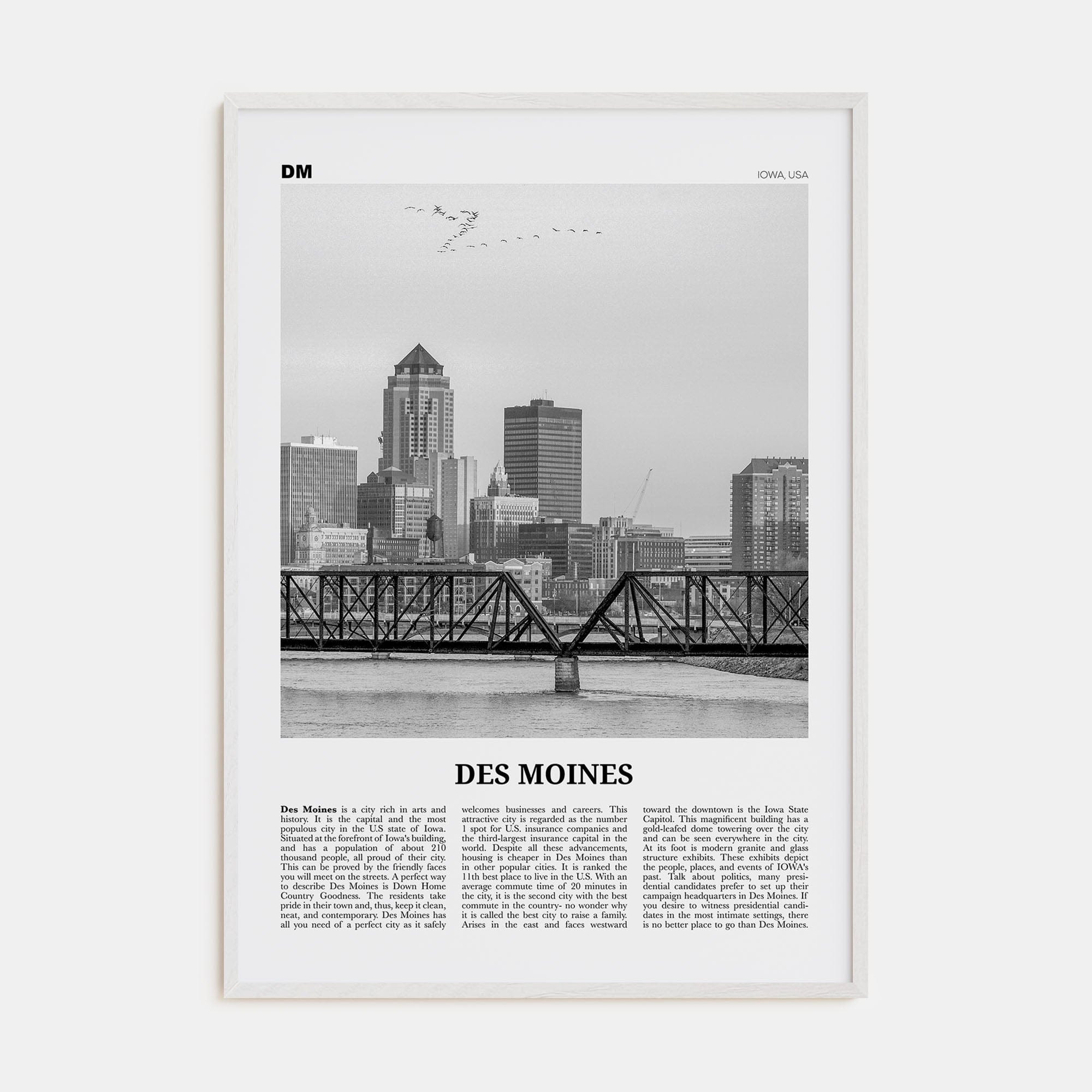 Des Moines No 1 Poster White Wood / 8x12 in Nbourhood Travel B&W Poster