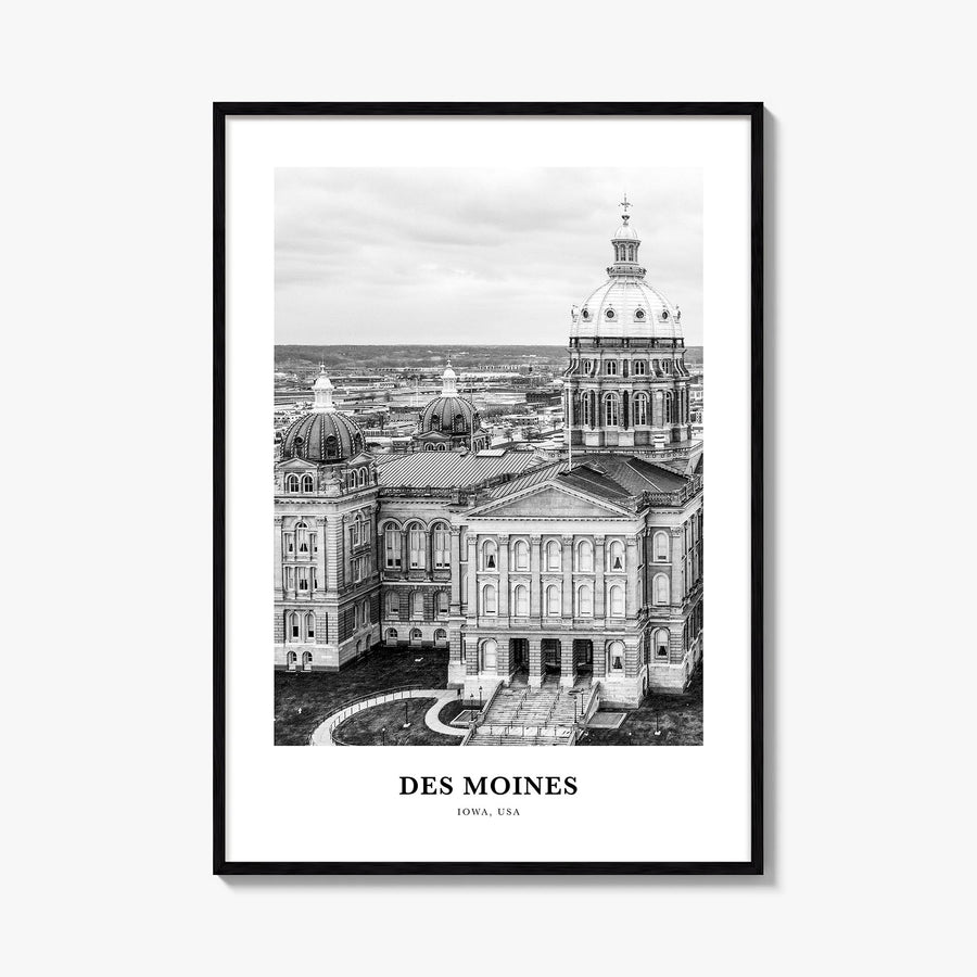 Des Moines no. 2 black & white classic poster of Iowa, USA – vertical wall art, unframed print shown in interior mockup