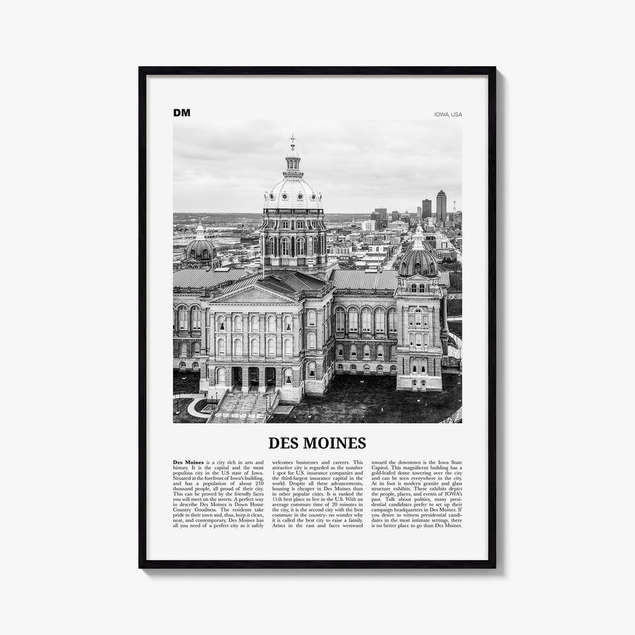 Des Moines no. 2 black & white newspaper poster of Iowa, USA – vertical wall art, unframed print shown in interior mockup