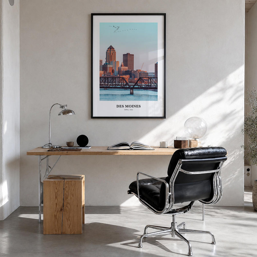 Des Moines no. 2 colorful classic poster of Iowa, USA – vertical wall art in black wood frame, hanging on wall