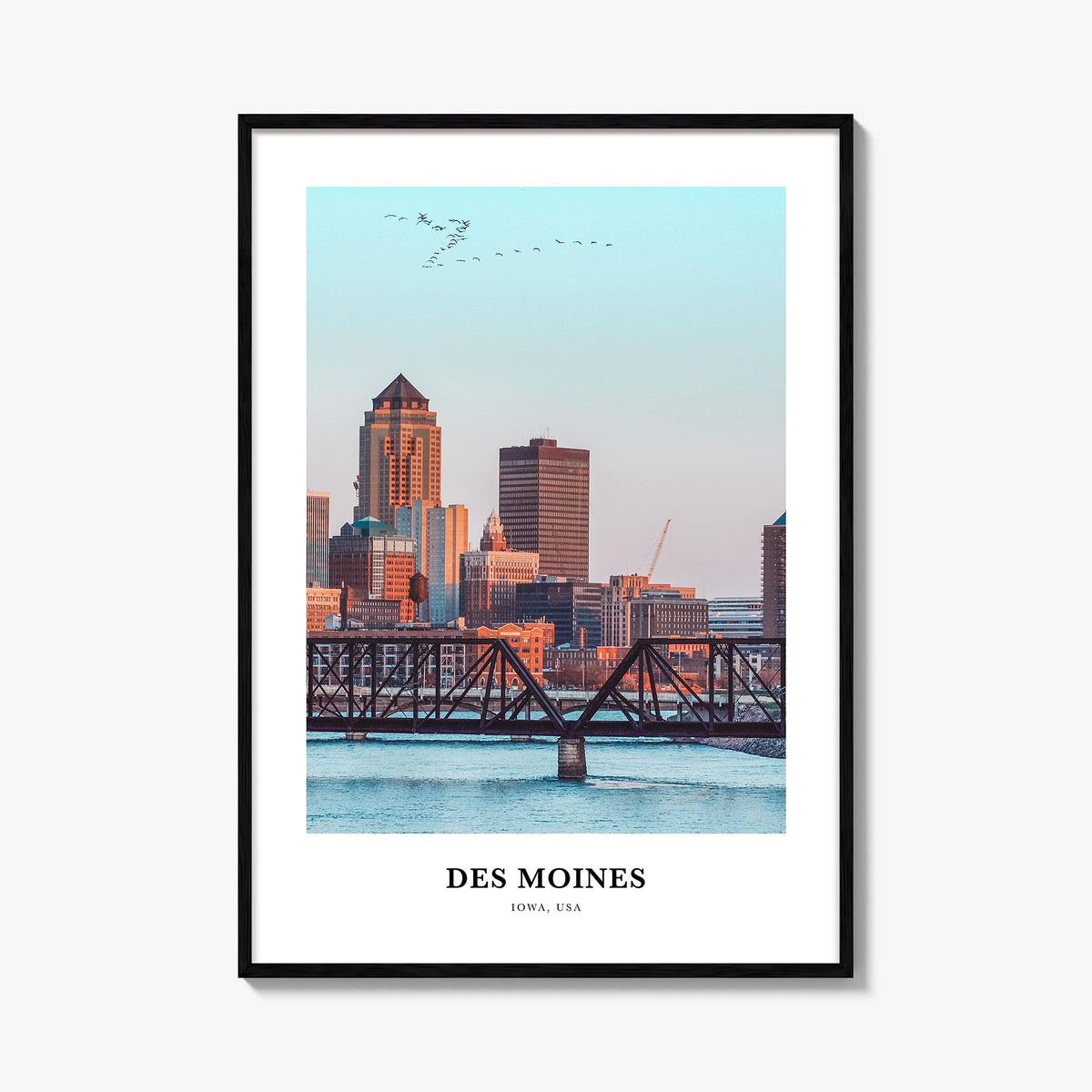 Des Moines no. 2 colorful classic poster of Iowa, USA – vertical wall art, unframed print shown in interior mockup