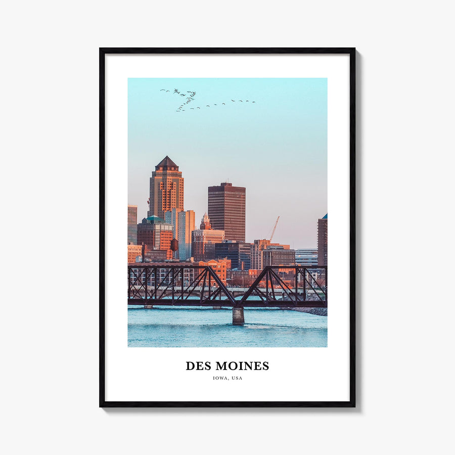 Des Moines no. 2 colorful classic poster of Iowa, USA – vertical wall art, unframed print shown in interior mockup