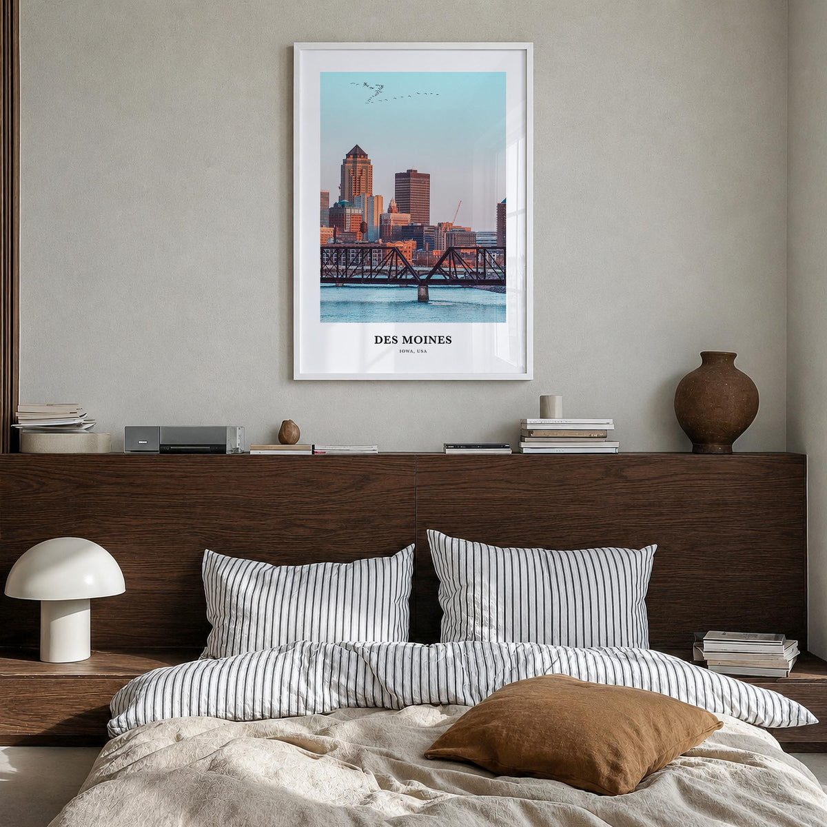Des Moines no. 2 colorful classic poster of Iowa, USA – vertical wall art in white wood frame, hanging on wall