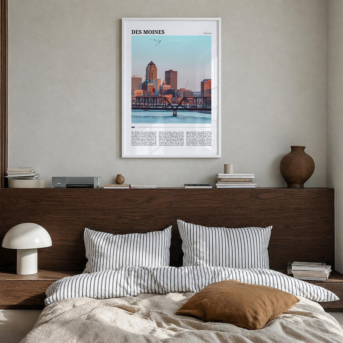 Des Moines no. 2 colorful travel poster of Iowa, USA – vertical wall art in white wood frame, hanging on wall
