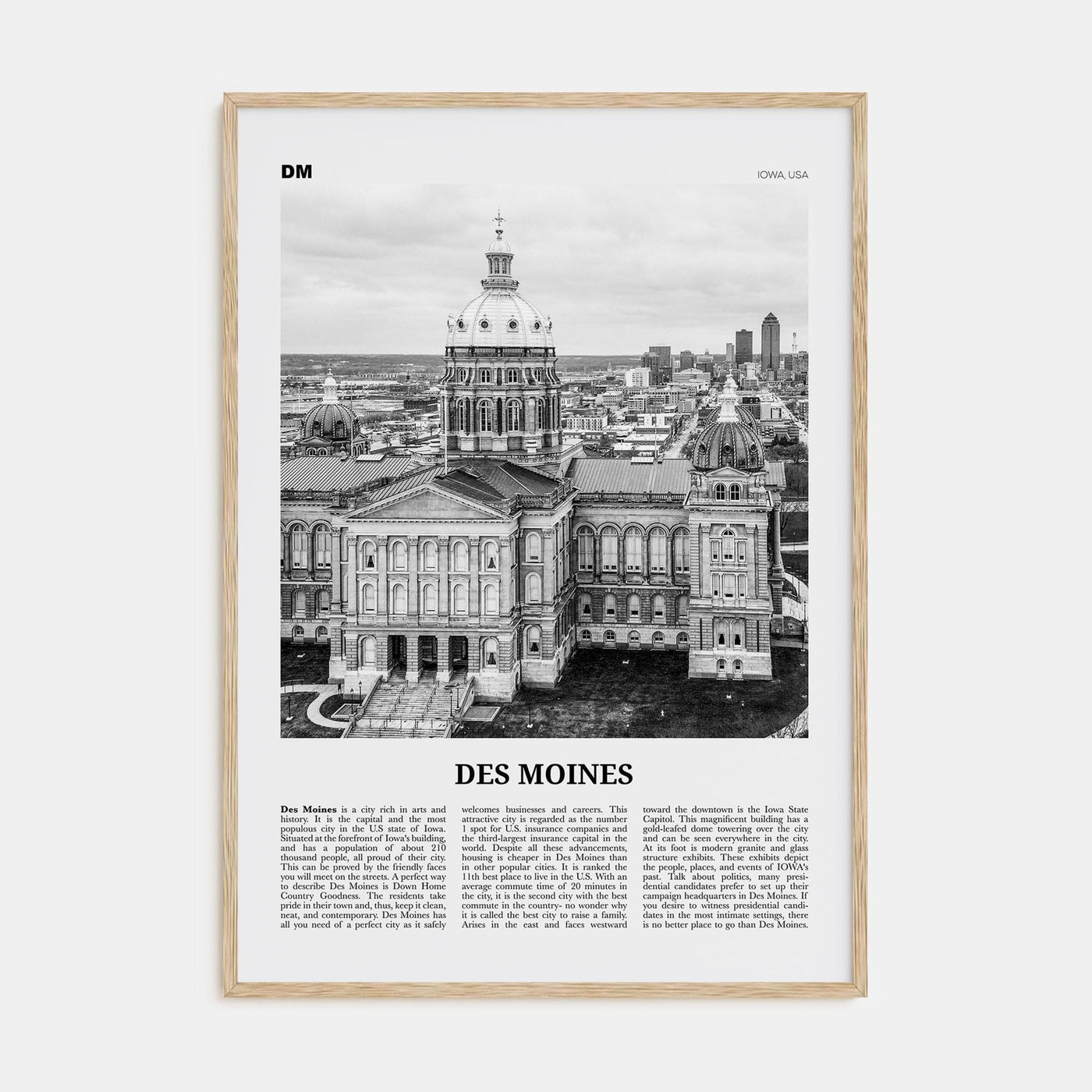 Des Moines No 2 Poster Natural Wood / 8x12 in Nbourhood Travel B&W Poster