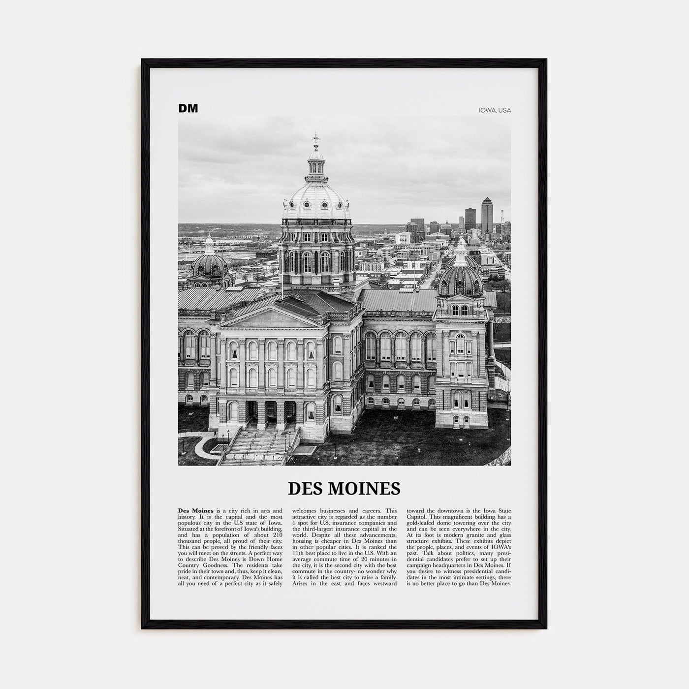 Des Moines No 2 Poster Black Wood / 8x12 in Nbourhood Travel B&W Poster