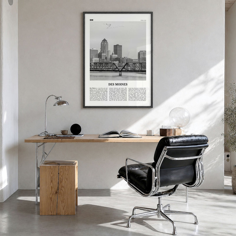 Des Moines Newspaper No 1 Poster in a black wood frame, hanging in a bright home office