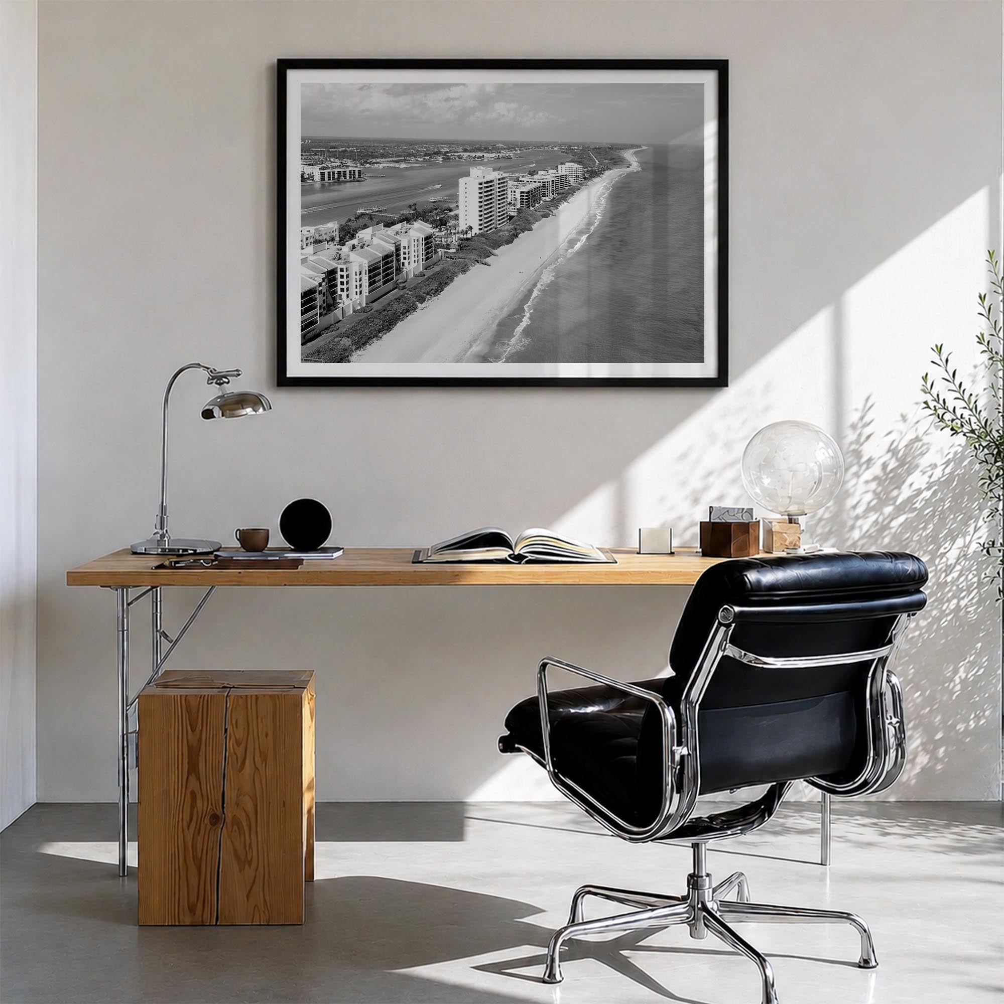 Destin black & white photo poster of Florida, USA – horizontal wall art in black wood frame with white border, hanging on wal