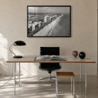 Destin black & white photo poster of Florida, USA – horizontal wall art in black wood frame, hanging on wall