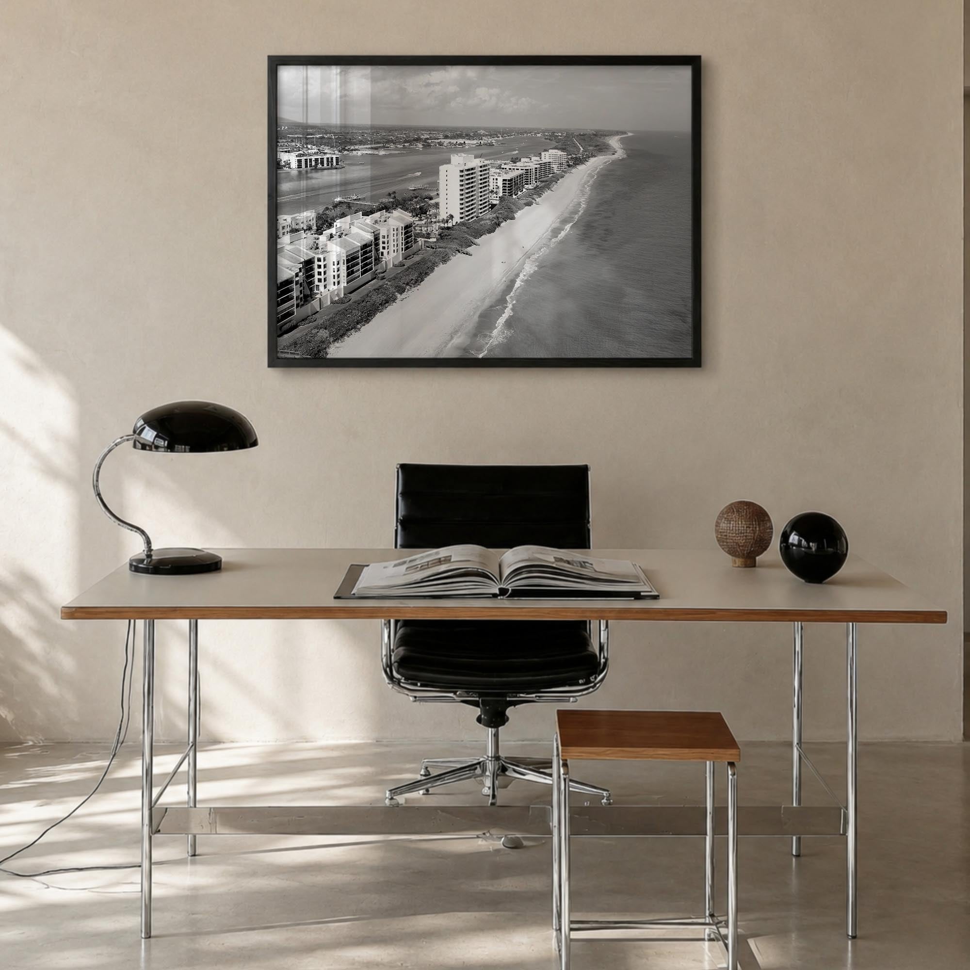 Destin black & white photo poster of Florida, USA – horizontal wall art in black wood frame, hanging on wall
