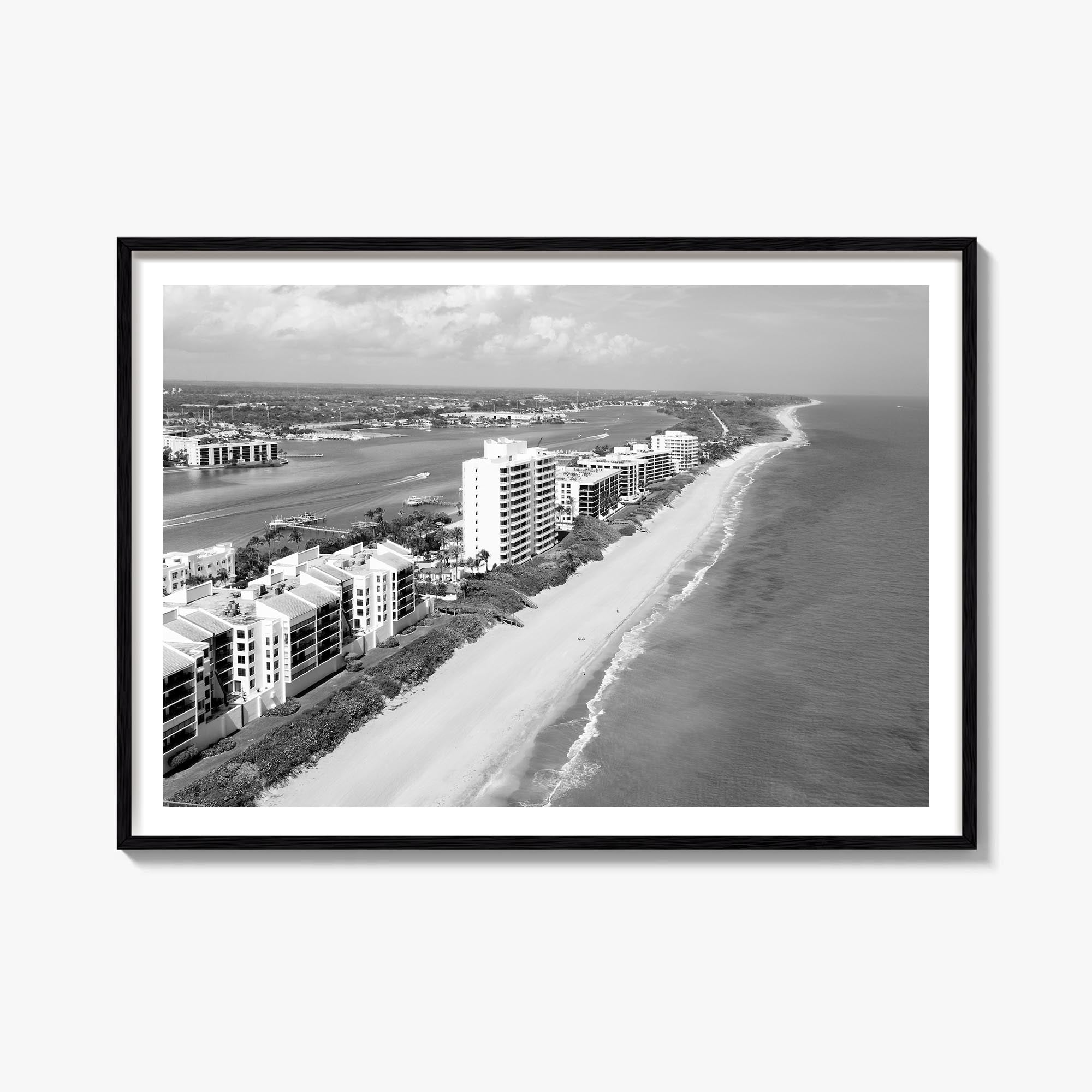 Destin black & white photo poster of Florida, USA – horizontal wall art, unframed print shown in interior mockup