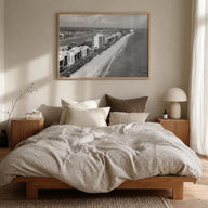 Destin black & white photo poster of Florida, USA – horizontal wall art in natural wood frame, hanging on wall
