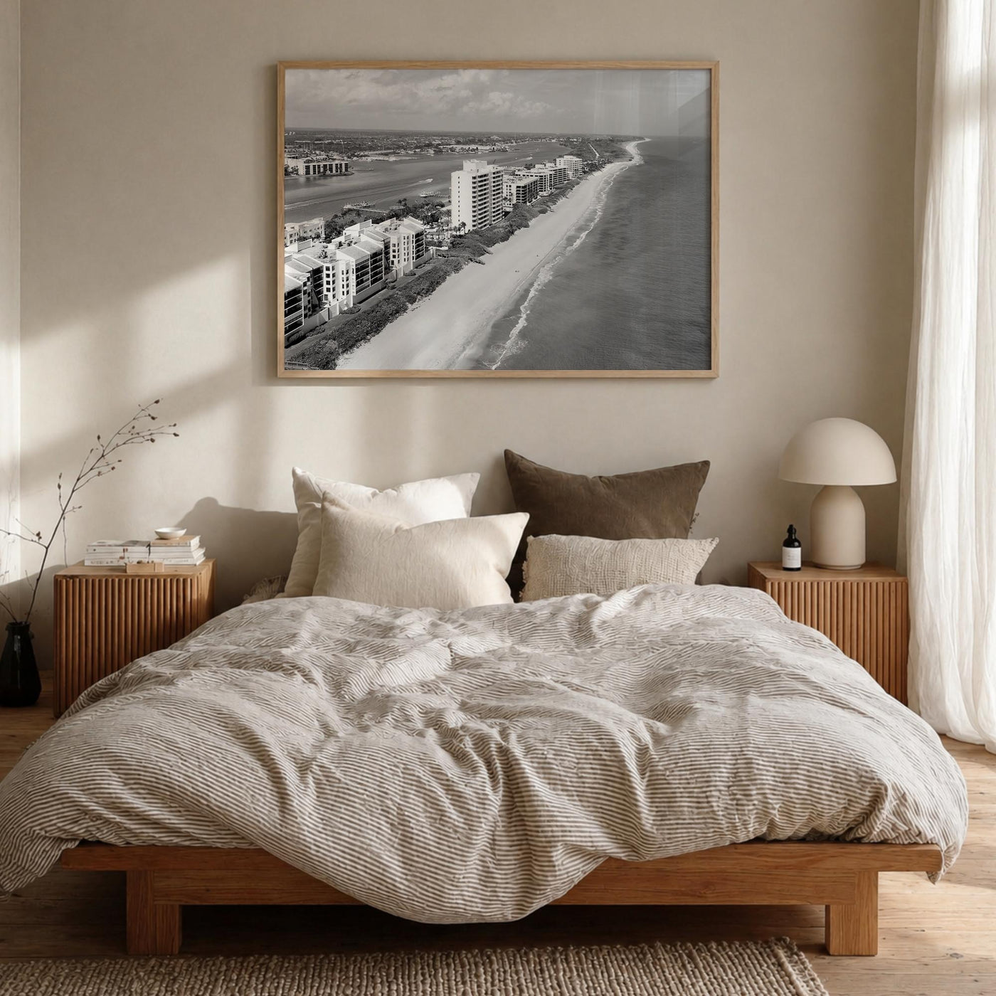 Destin black & white photo poster of Florida, USA – horizontal wall art in natural wood frame, hanging on wall