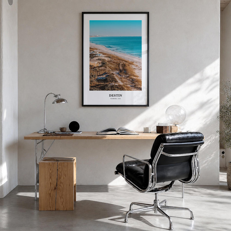 Destin colorful classic poster of Florida, USA – vertical wall art in black wood frame, hanging on wall