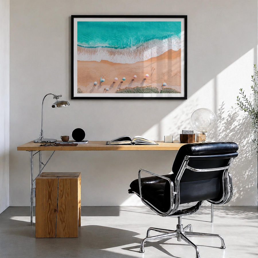 Destin colorful photo poster of Florida, USA – horizontal wall art in black wood frame with white border, hanging on wall