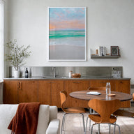 Destin colorful photo poster of Florida, USA – vertical wall art in white wood frame, hanging on wall