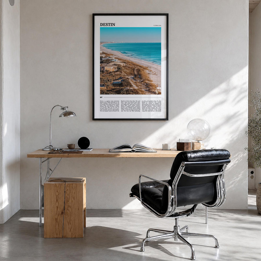 Destin colorful travel poster of Florida, USA – vertical wall art in black wood frame, hanging on wall