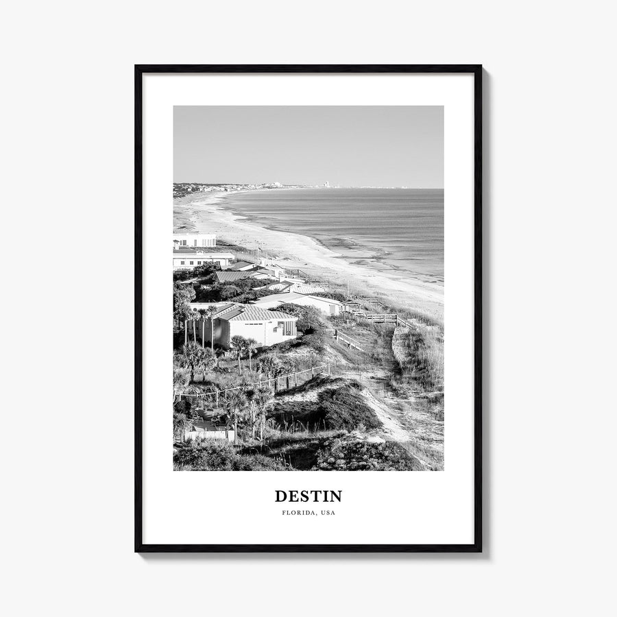 Destin no. 1 black & white classic poster of Florida, USA – vertical wall art, unframed print shown in interior mockup