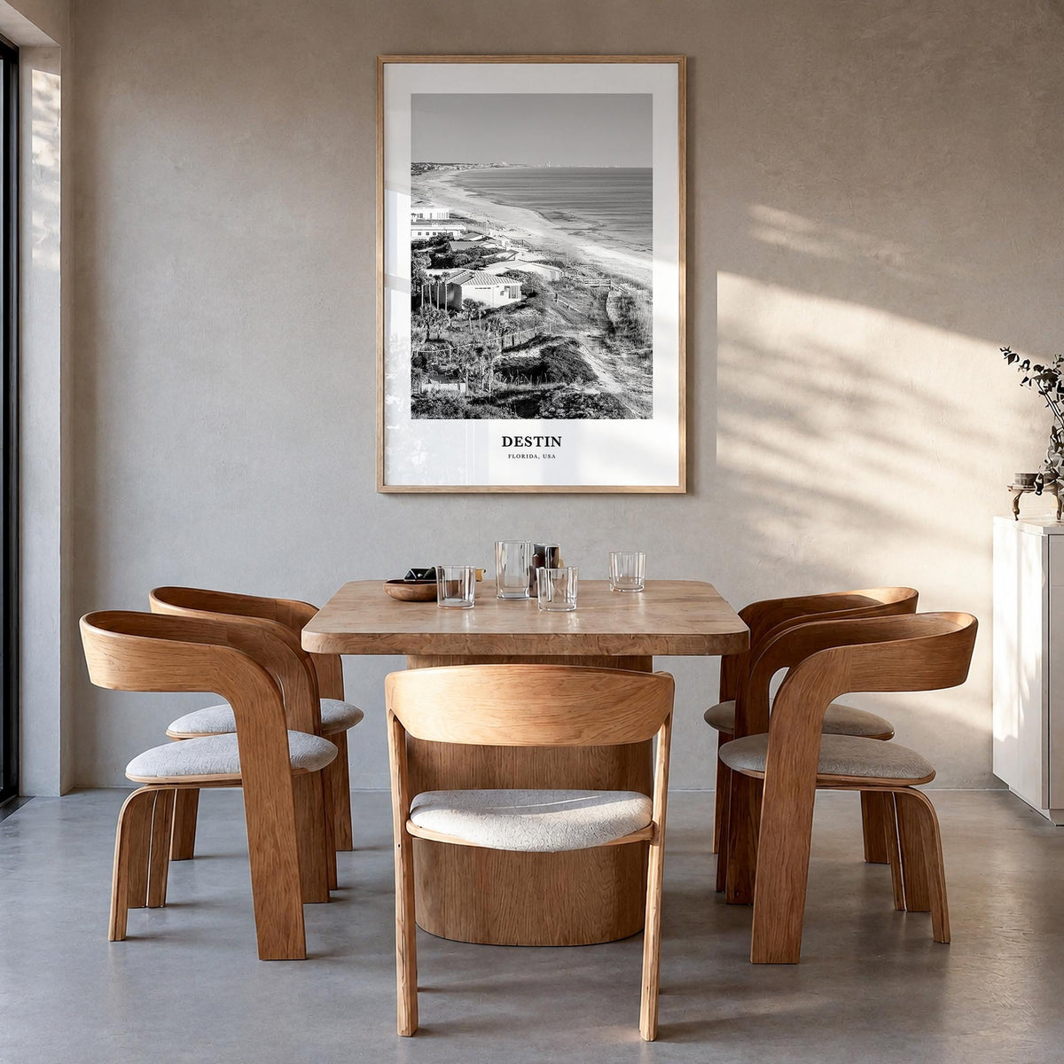 Destin no. 1 black & white classic poster of Florida, USA – vertical wall art in natural wood frame, hanging on wall