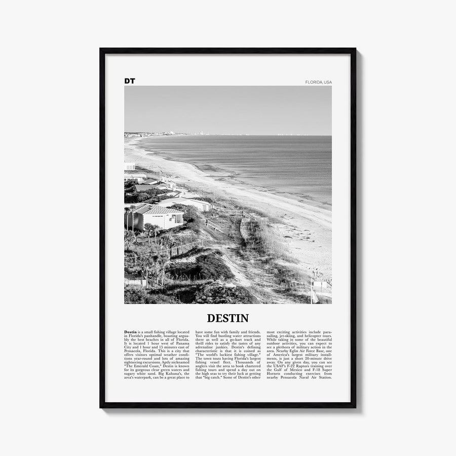 Destin no. 1 black & white newspaper poster of Florida, USA – vertical wall art, unframed print shown in interior mockup