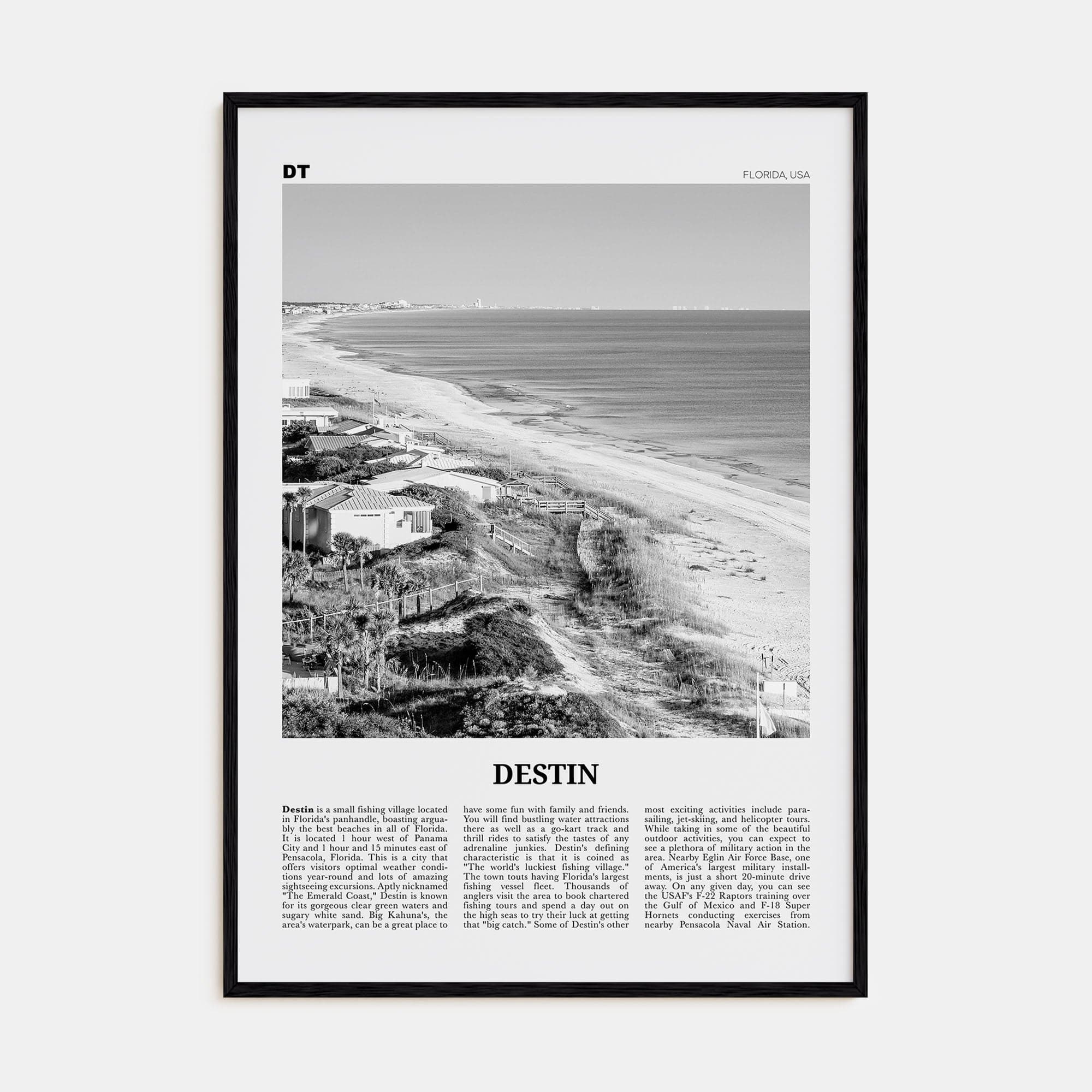 Destin No 1 Poster Black Wood / 8x12 in Nbourhood Travel B&W Poster