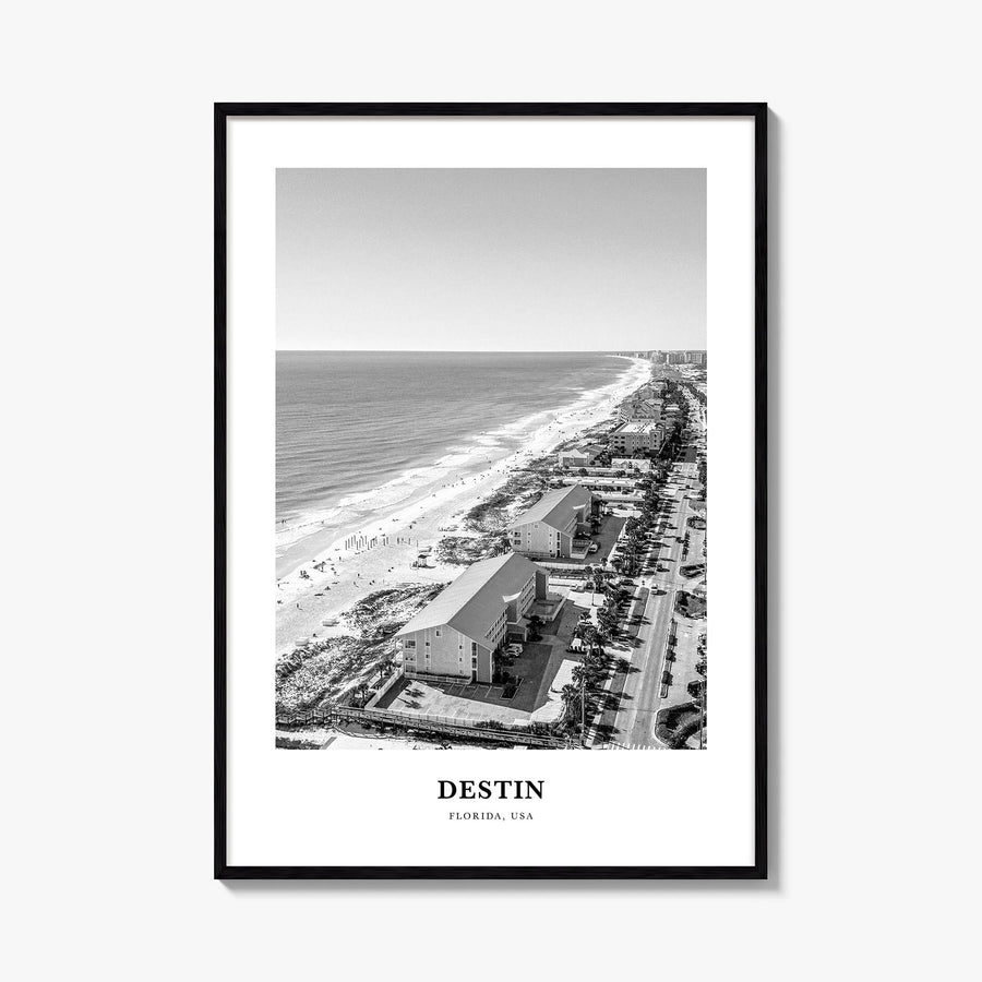 Destin no. 2 black & white classic poster of Florida, USA – vertical wall art, unframed print shown in interior mockup