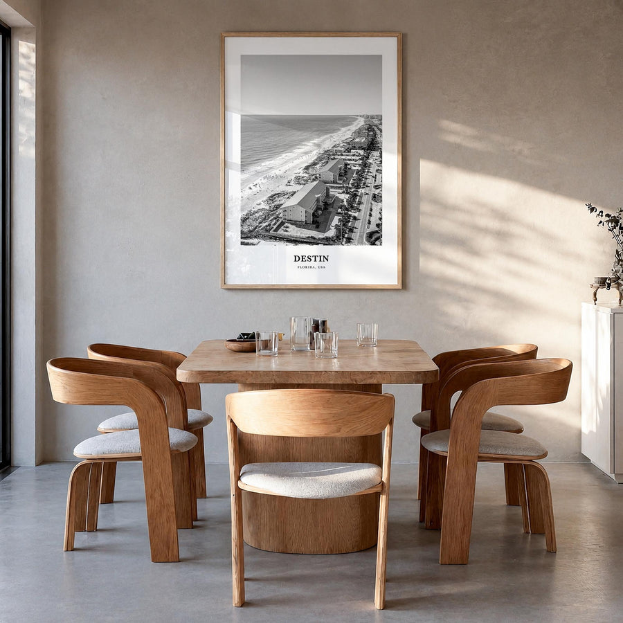 Destin no. 2 black & white classic poster of Florida, USA – vertical wall art in natural wood frame, hanging on wall