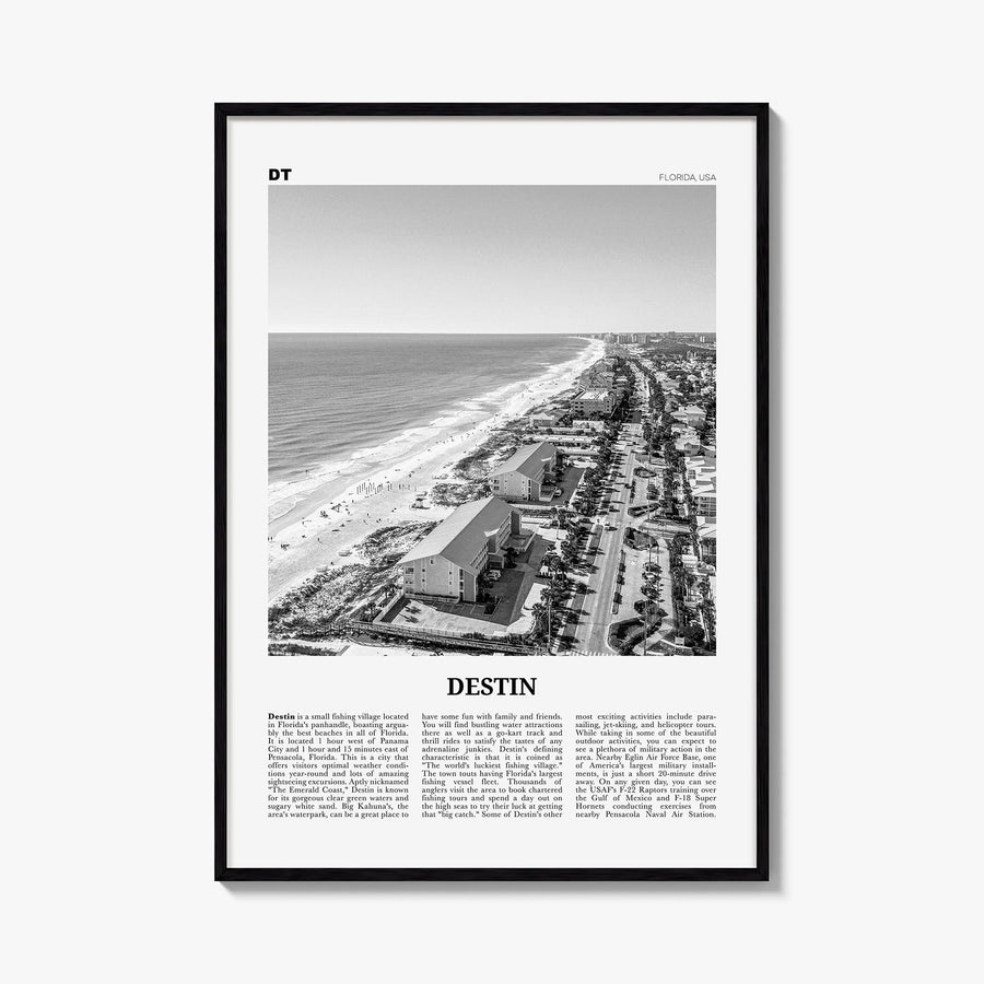 Destin no. 2 black & white newspaper poster of Florida, USA – vertical wall art, unframed print shown in interior mockup
