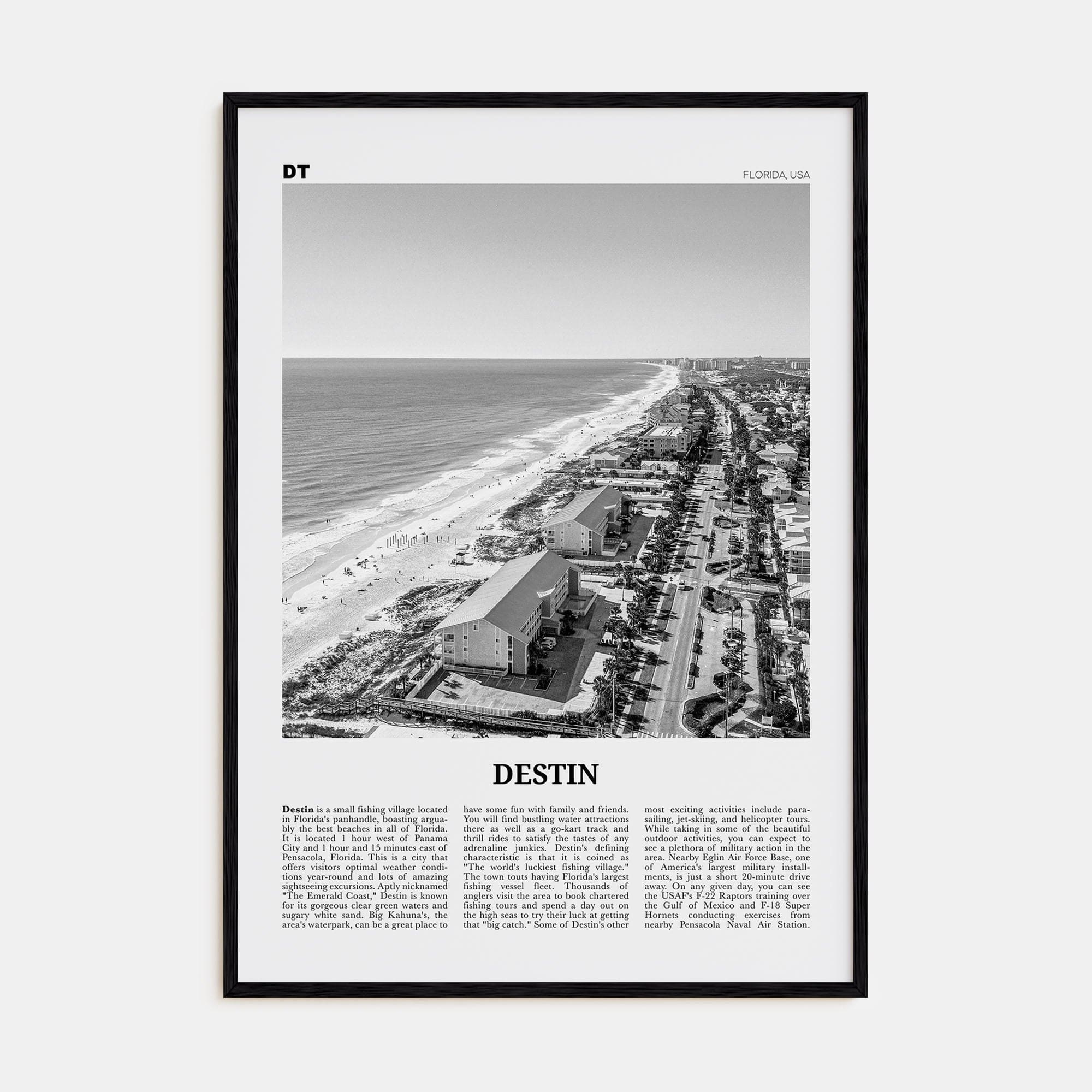 Destin No 2 Poster Black Wood / 8x12 in Nbourhood Travel B&W Poster