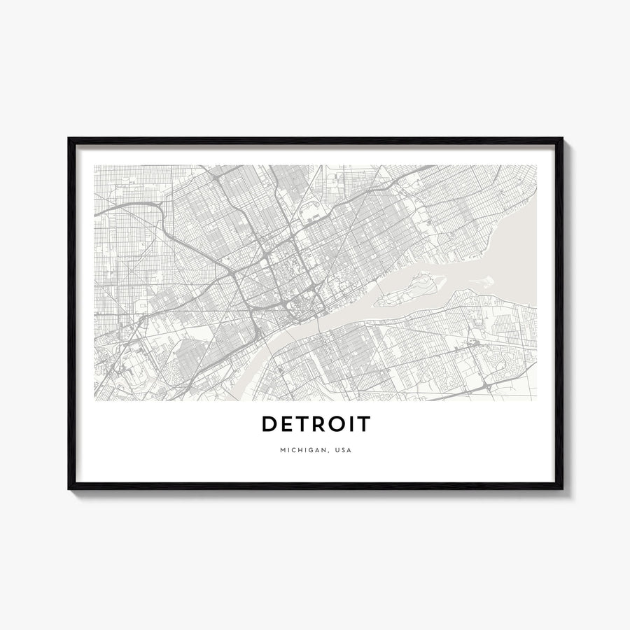 Detroit black & white map poster of Michigan, USA – horizontal wall art, unframed print shown in interior mockup