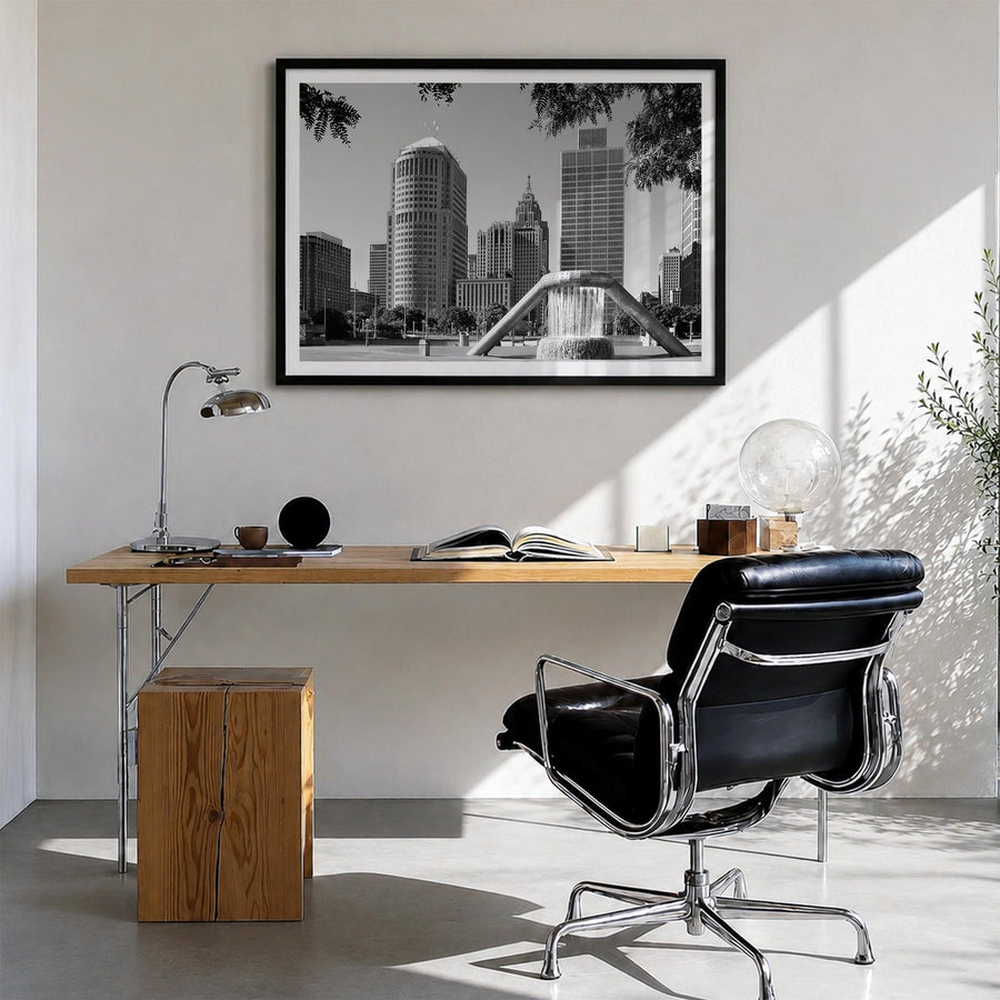 Detroit black & white photo poster of Michigan, USA – horizontal wall art in black wood frame with white border, hanging on w