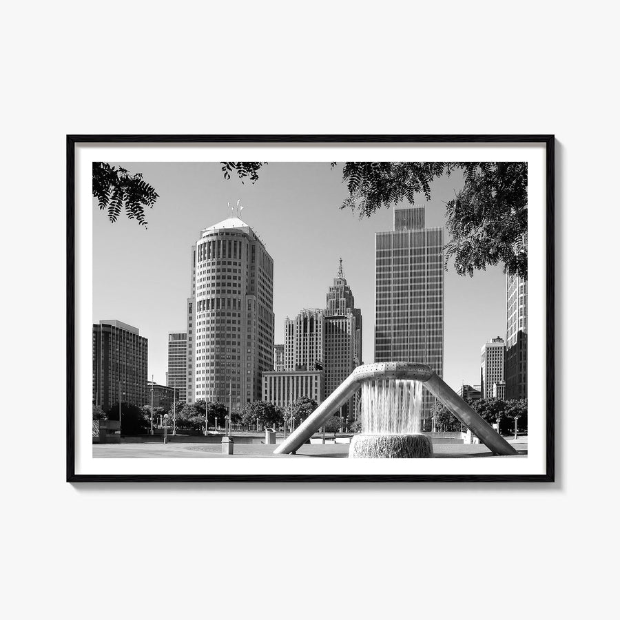 Detroit black & white photo poster of Michigan, USA – horizontal wall art, unframed print shown in interior mockup