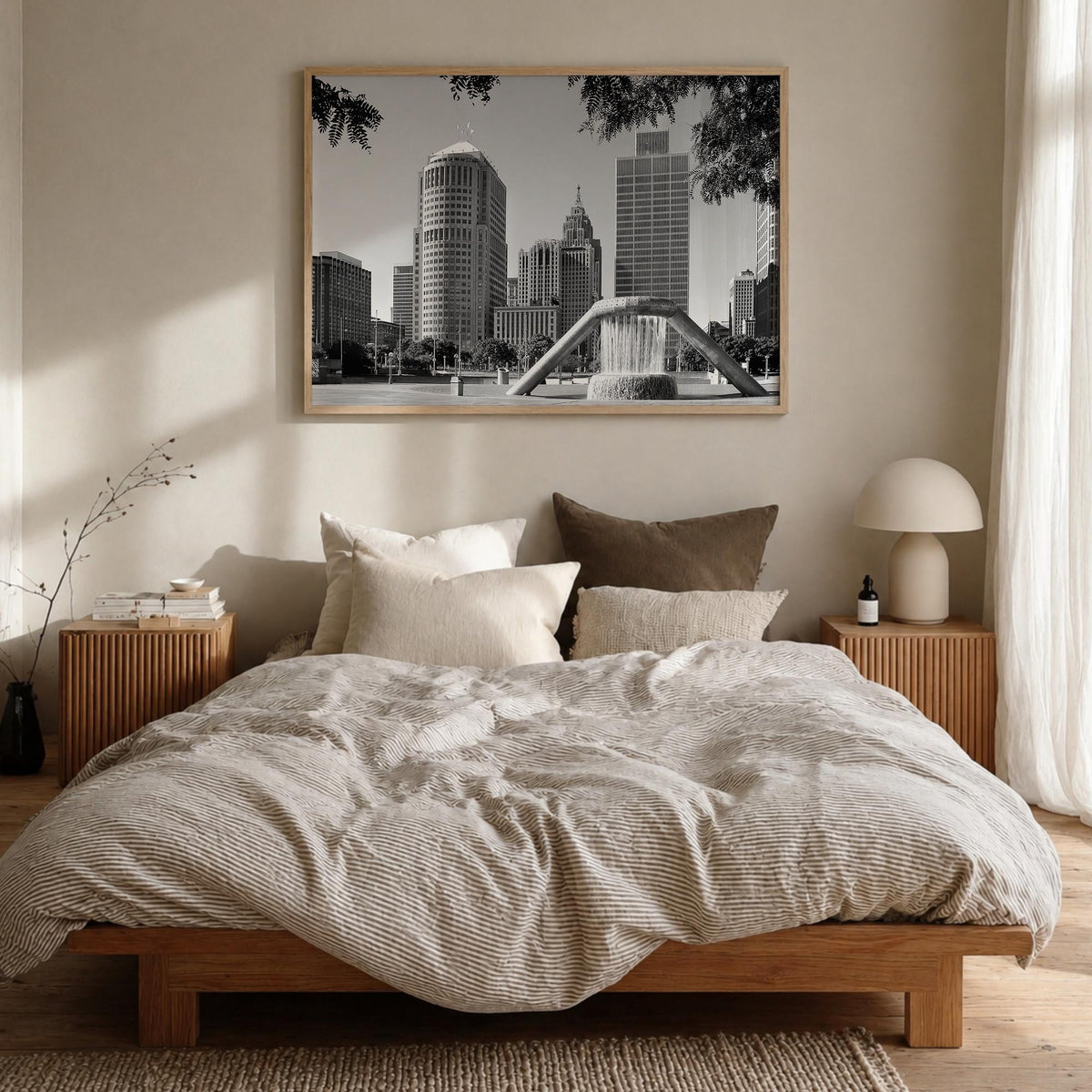 Detroit black & white photo poster of Michigan, USA – horizontal wall art in natural wood frame, hanging on wall