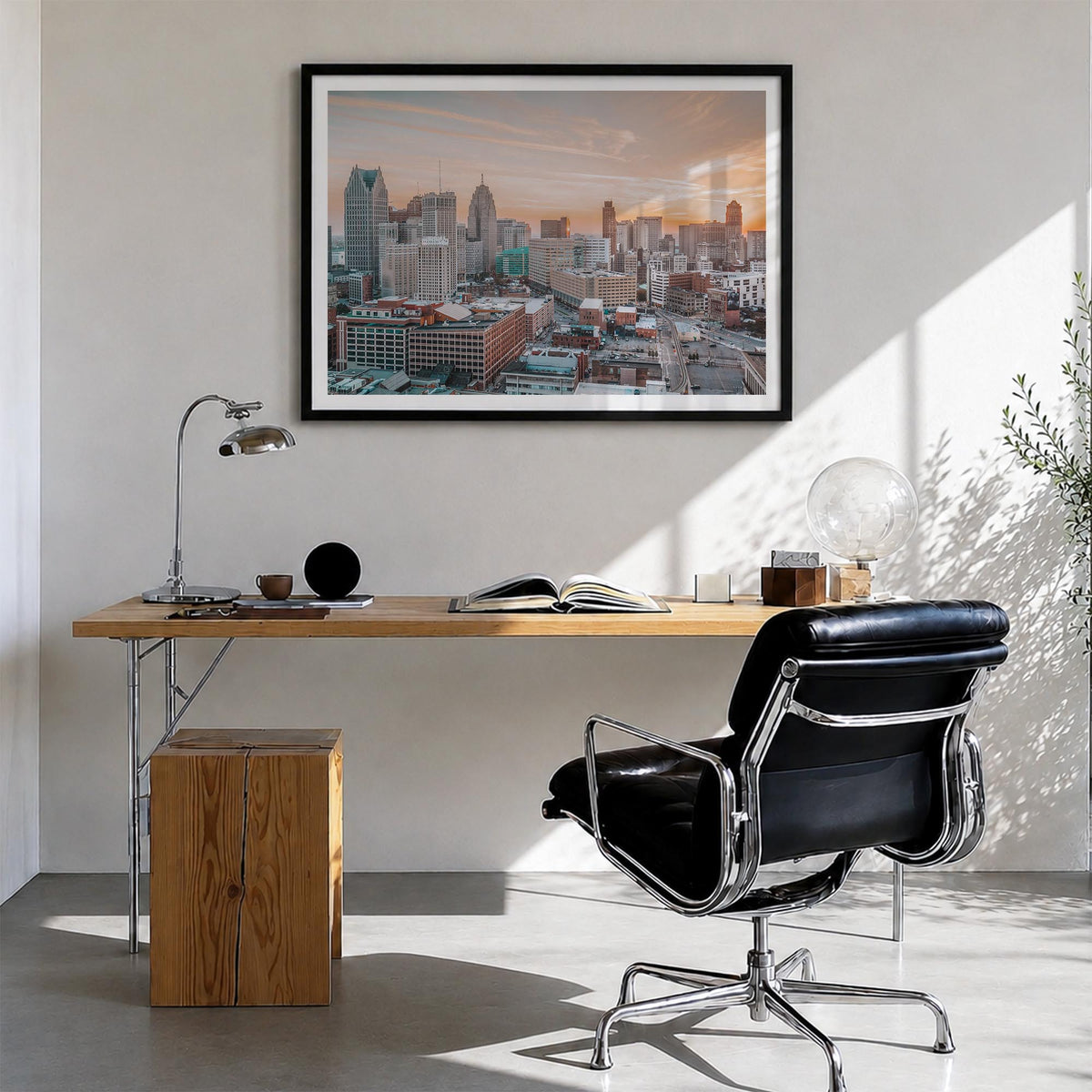 Detroit colorful photo poster of Michigan, USA – horizontal wall art in black wood frame with white border, hanging on wall