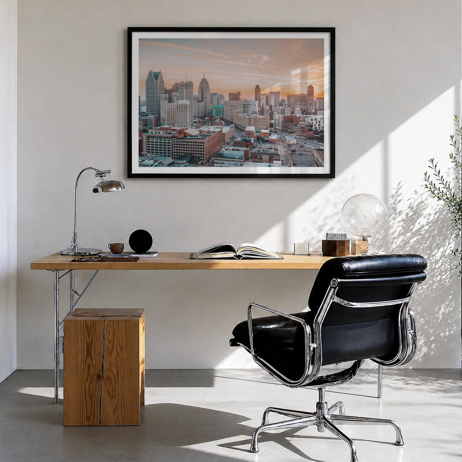 Detroit colorful photo poster of Michigan, USA – horizontal wall art in black wood frame with white border, hanging on wall