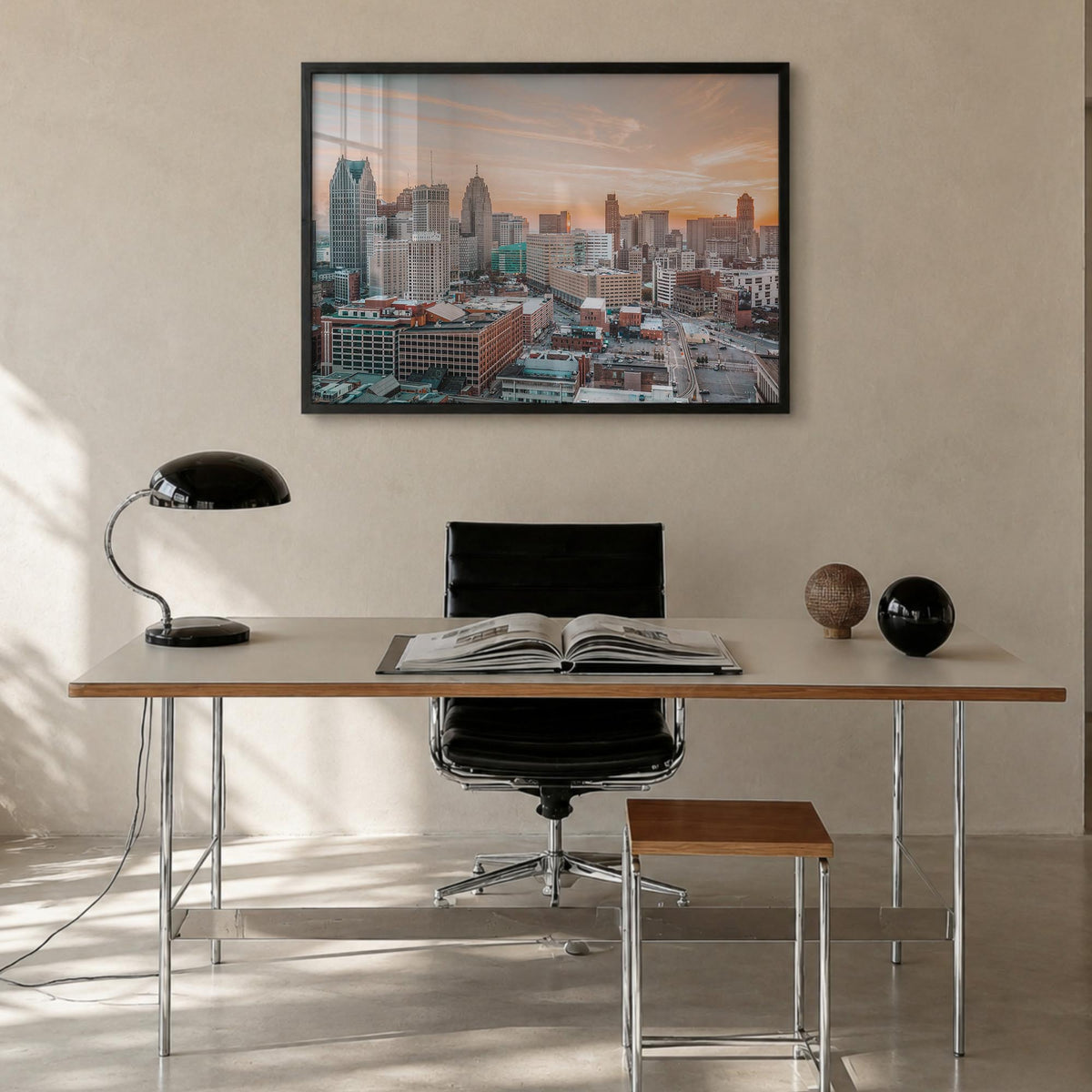 Detroit colorful photo poster of Michigan, USA – horizontal wall art in black wood frame, hanging on wall