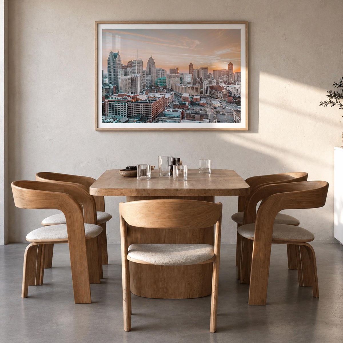 Detroit colorful photo poster of Michigan, USA – horizontal wall art in natural wood frame with white border, hanging on wall