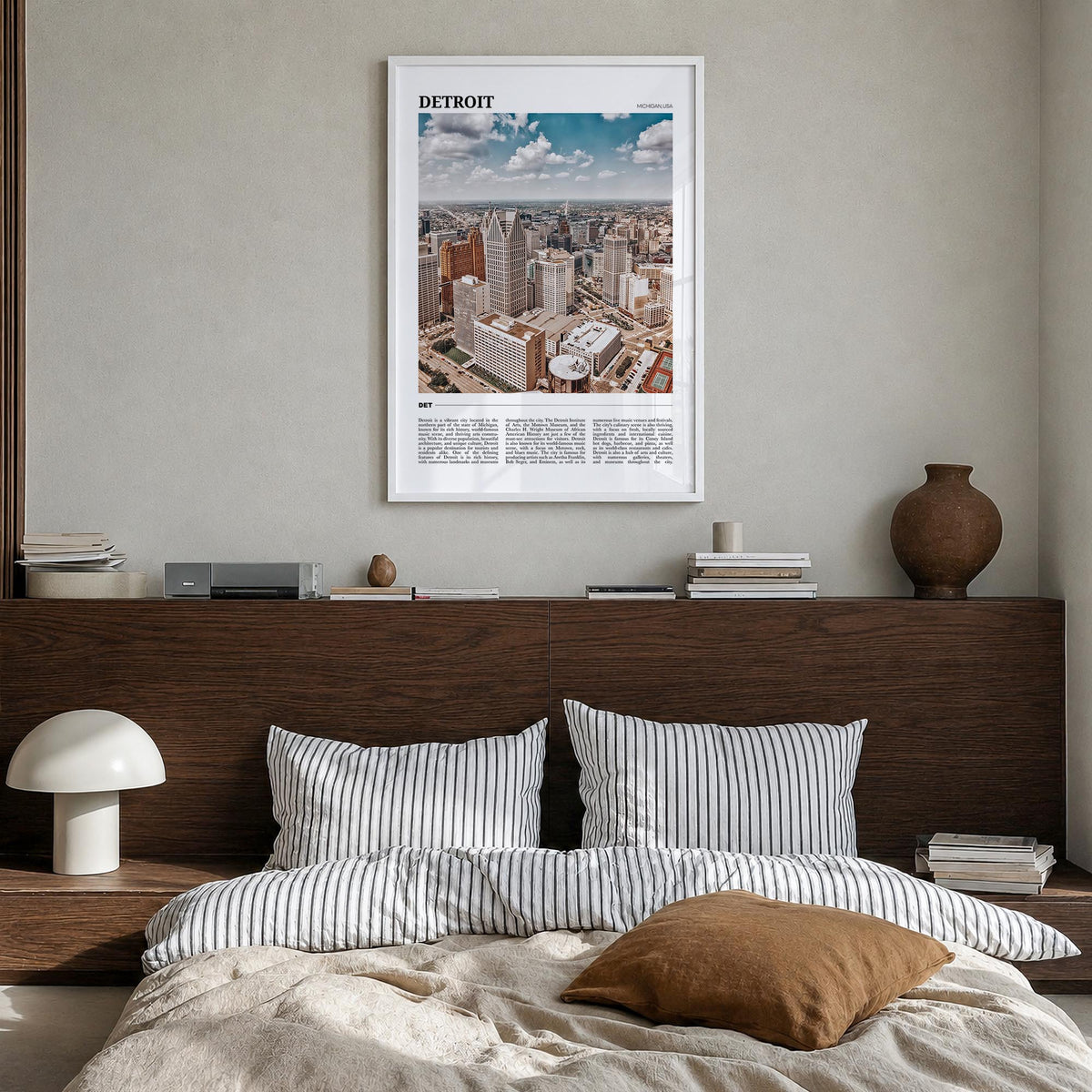 Detroit colorful travel poster of Michigan, USA – vertical wall art in white wood frame, hanging on wall