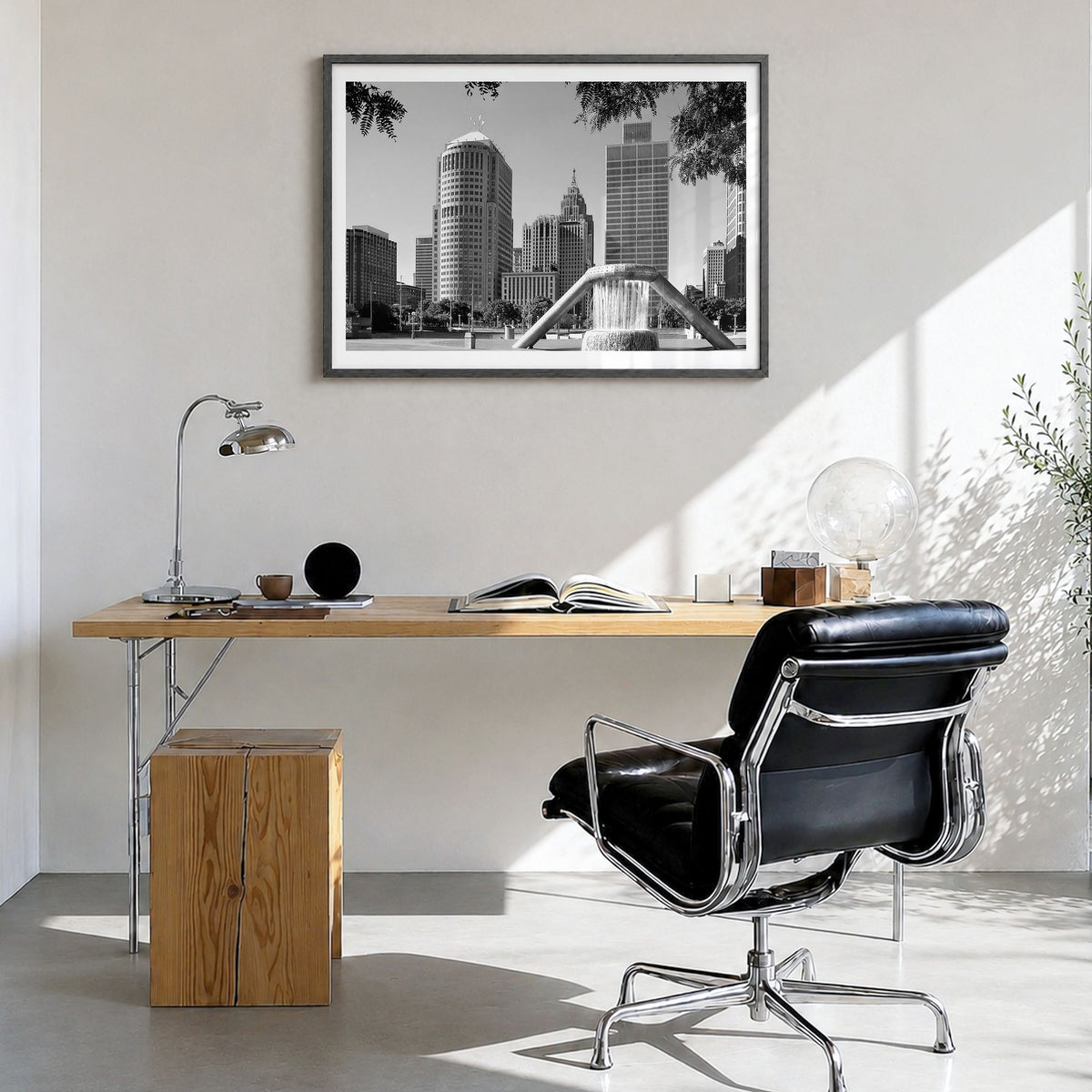 Detroit Photo Poster in a black wood frame, hanging in a bright home office, white border