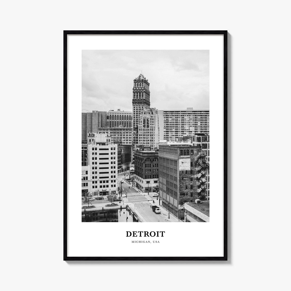 Detroit no. 1 black & white classic poster of Michigan, USA – vertical wall art, unframed print shown in interior mockup
