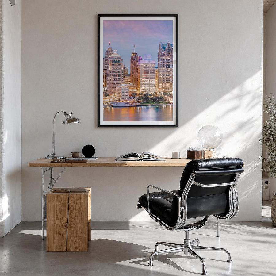 Detroit no. 1 colorful photo poster of Michigan, USA – vertical wall art in black wood frame with white border, hanging on wa