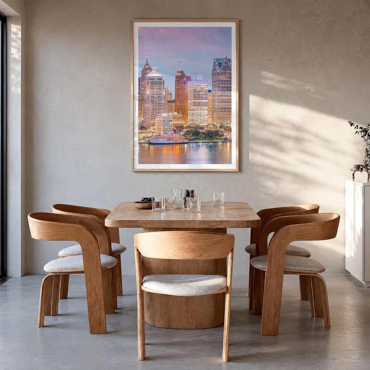 Detroit no. 1 colorful photo poster of Michigan, USA – vertical wall art in natural wood frame with white border, hanging on 