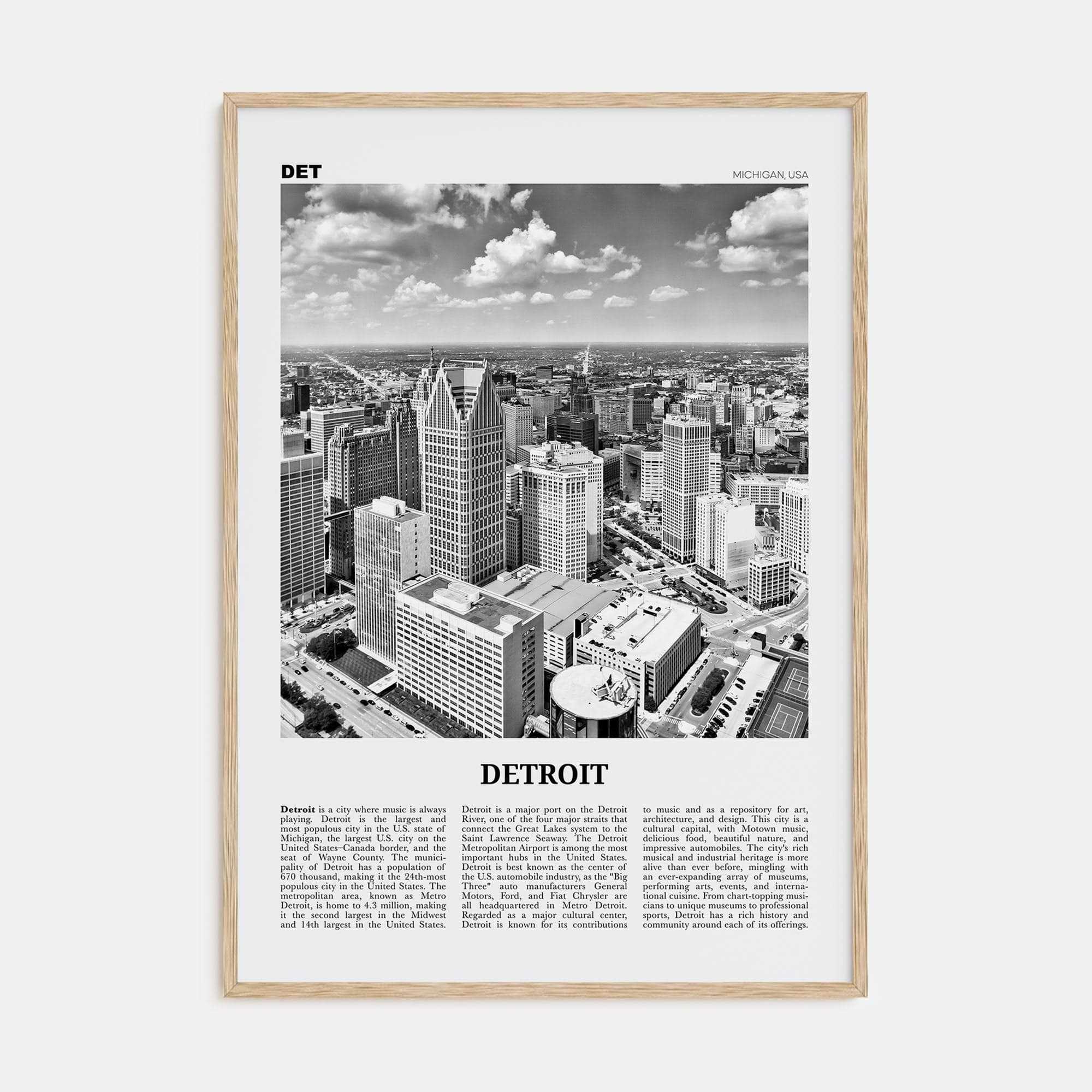 Detroit No 1 Poster Natural Wood / 8x12 in Nbourhood Travel B&W Poster