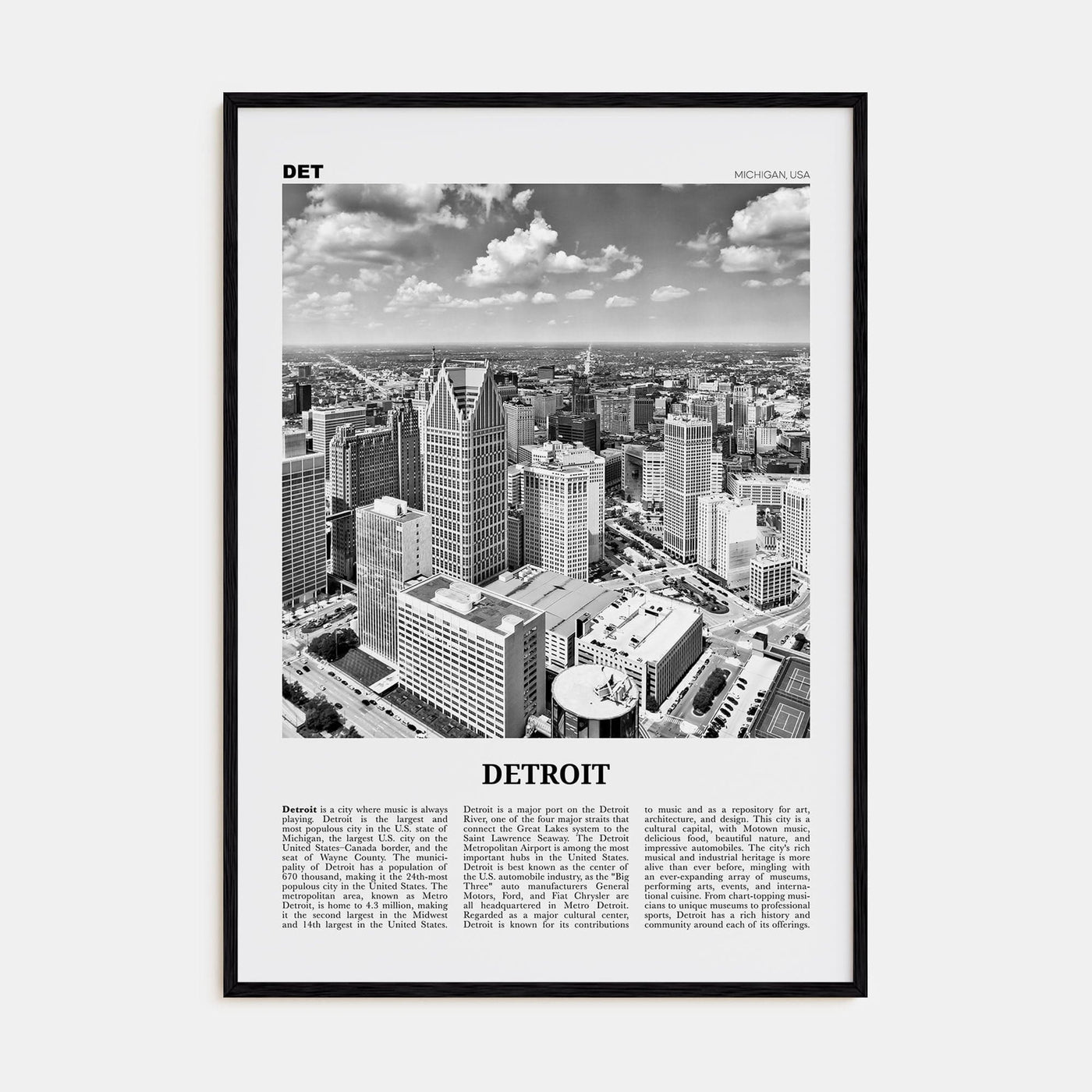 Detroit No 1 Poster Black Wood / 8x12 in Nbourhood Travel B&W Poster