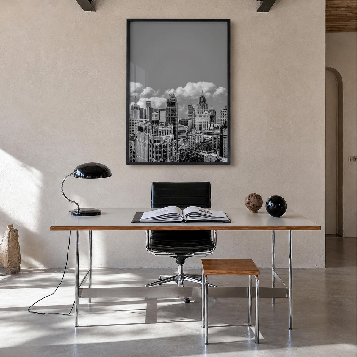 Detroit no. 2 black & white photo poster of Michigan, USA – vertical wall art in black wood frame, hanging on wall